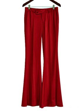 Each x Other Red Satin Flare Pants M Asymmetric Waist Tab Trousers